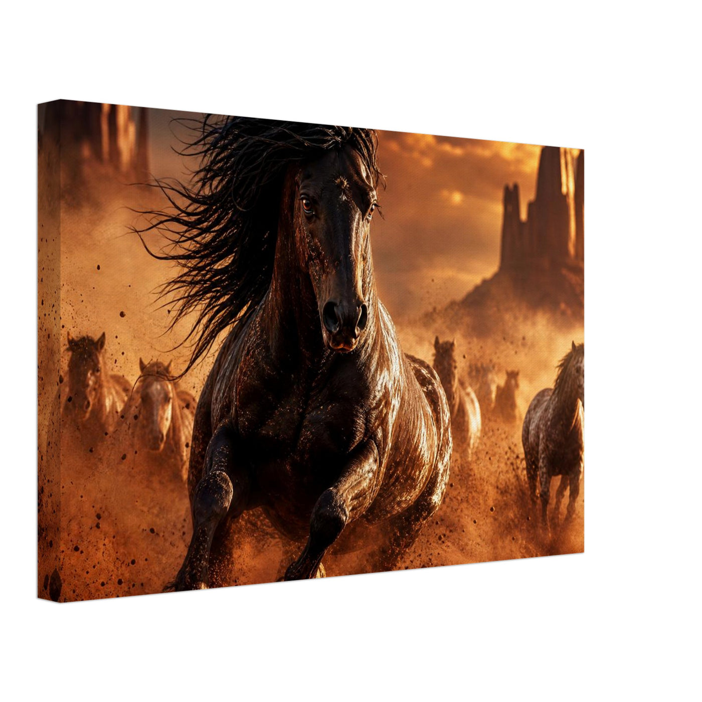 Canvas print of a wild mustang in the desert — room view, ready to hang.