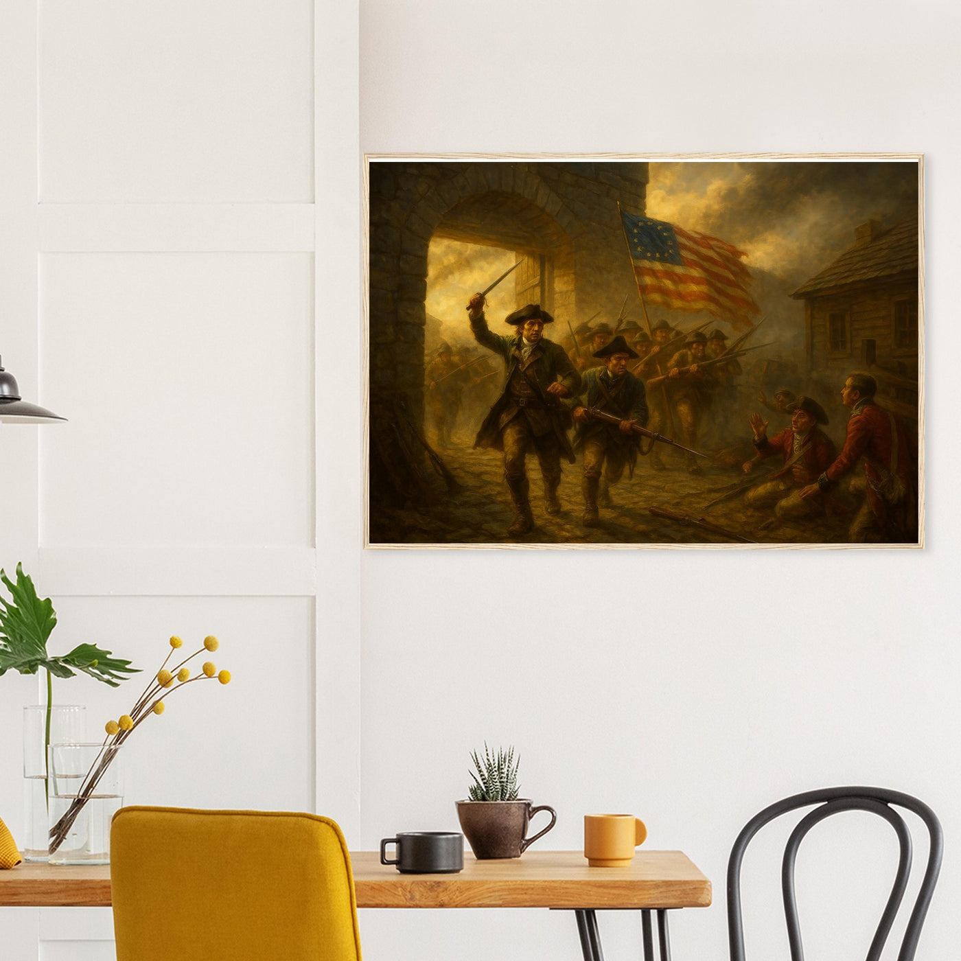 Framed print of the capture of Fort Ticonderoga, ready to hang.