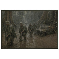 Cape Gloucester, 1943 — framed fine art print of Marines in ponchos wading through rain, 16x24″ in a black frame