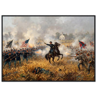 Framed art print of cavalry and infantry clashing amid smoke and flags at the Battle of Antietam, in a solid wood frame.