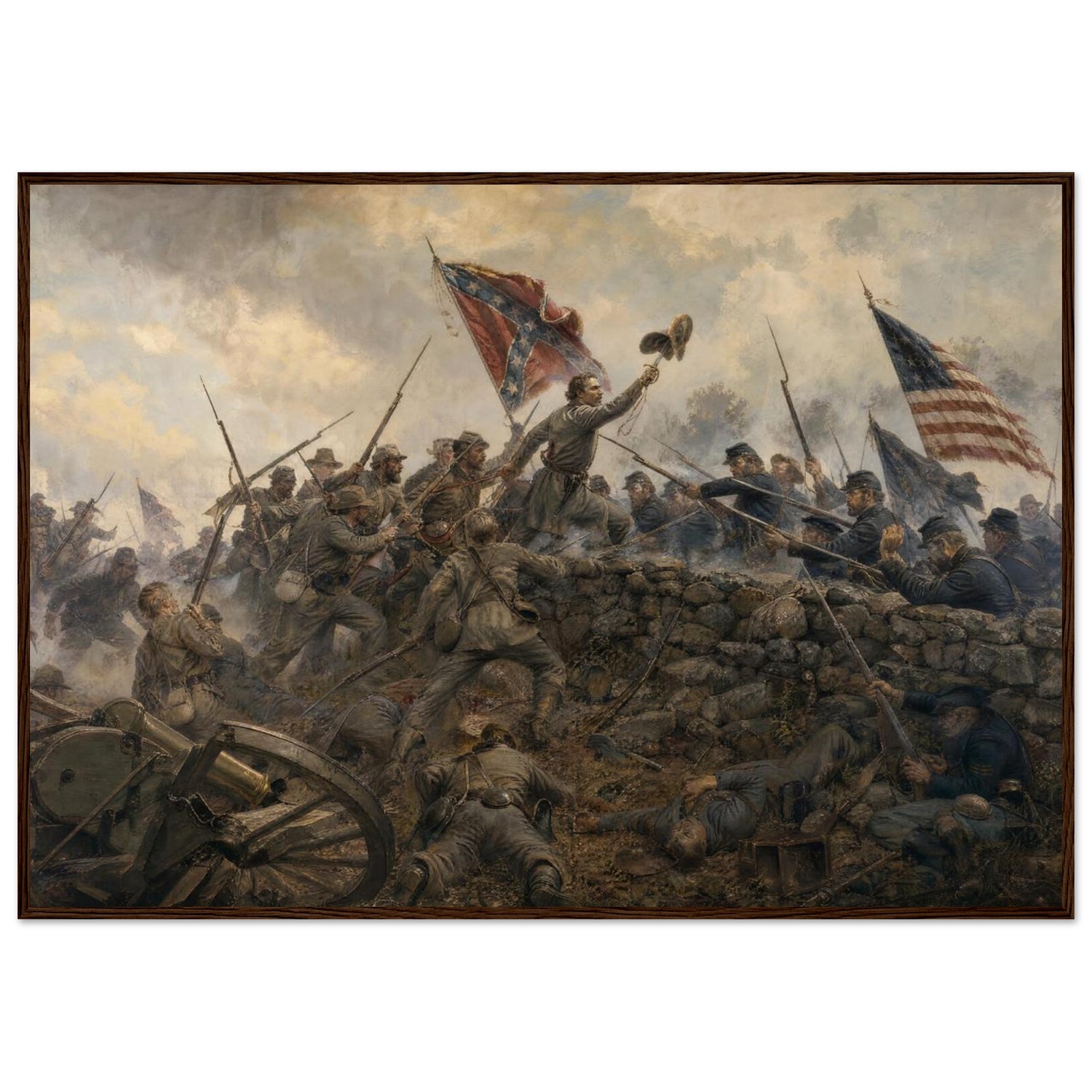 Framed art print of the hand-to-hand melee at the stone wall during Pickett's Charge, Confederate battle flag raised, in a solid wood frame.