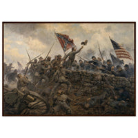 Framed art print of the hand-to-hand melee at the stone wall during Pickett's Charge, Confederate battle flag raised, in a solid wood frame.