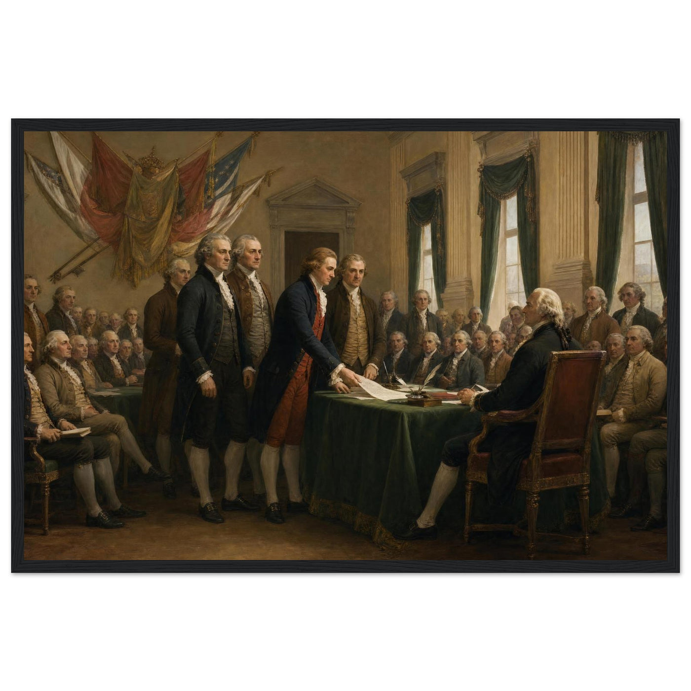 Wooden framed print of the signing of the Declaration — room view, ready to hang.