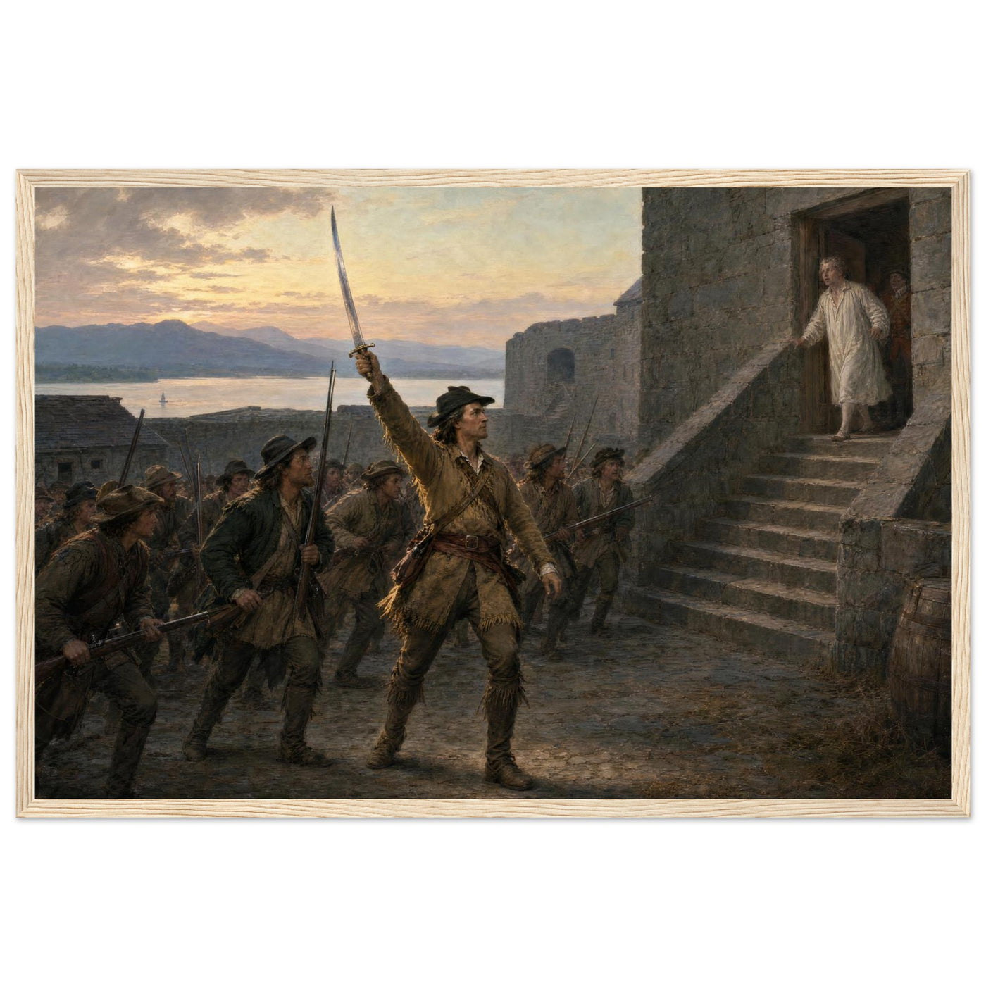 Framed art print of Union soldiers ascending the stone steps of a fort with the flag at dawn, in a solid wood frame.