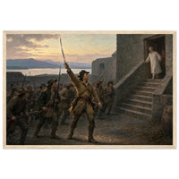 Framed art print of Union soldiers ascending the stone steps of a fort with the flag at dawn, in a solid wood frame.