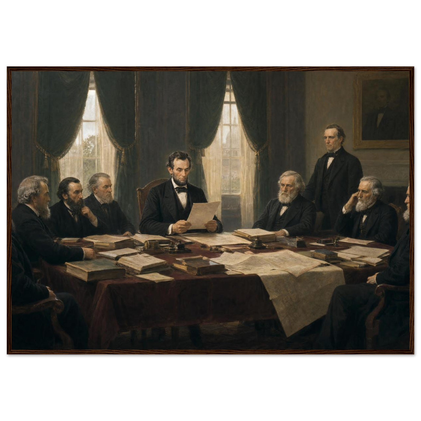 Framed historical painting of President Lincoln seated with his cabinet around a table, in a solid wood frame.