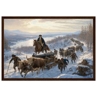 Framed art print of Civil War soldiers and wagons marching through deep snow, in a solid wood frame.