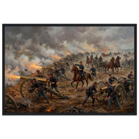 Framed art print of a Civil War artillery line firing amid smoke, cavalry and flags beyond, in a solid wood frame.