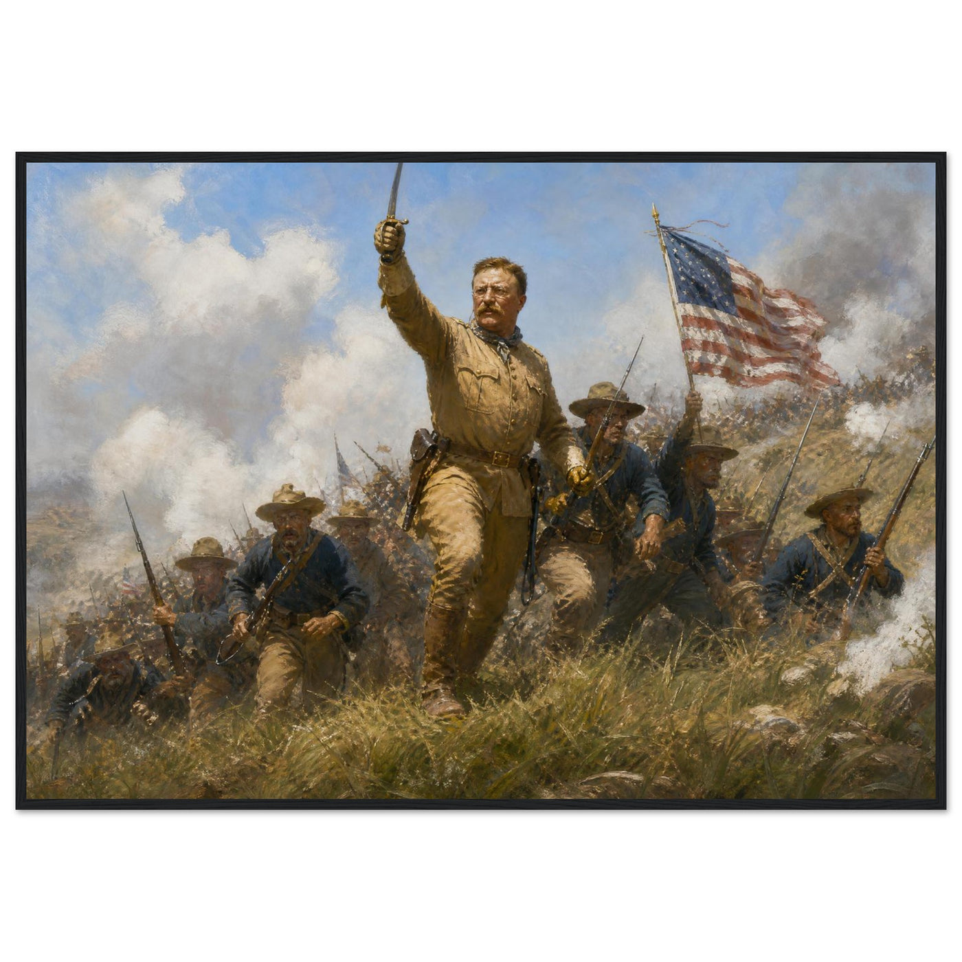 Wooden framed print of Roosevelt and the Rough Riders — room view, ready to hang.