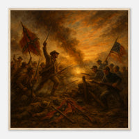 Framed print of Civil War soldiers advancing at dawn, ready to hang.