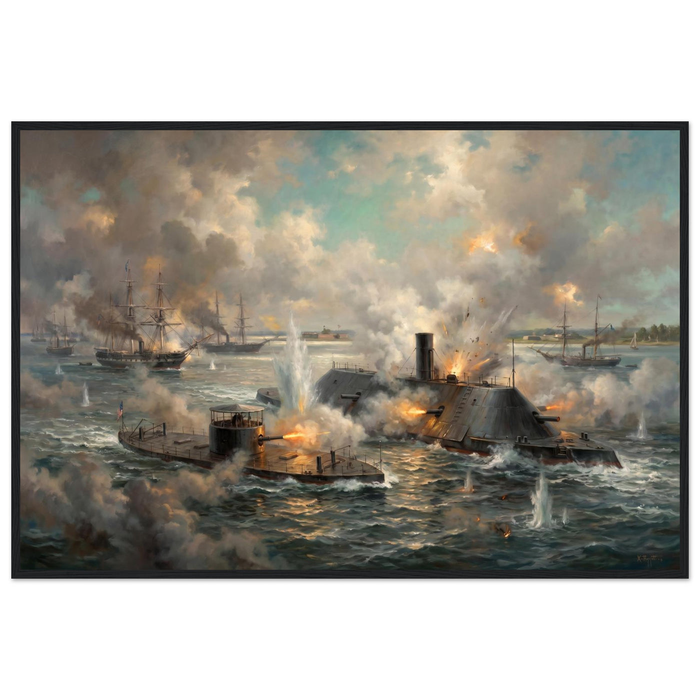 Wooden framed print of the Monitor and Virginia — room view, ready to hang.