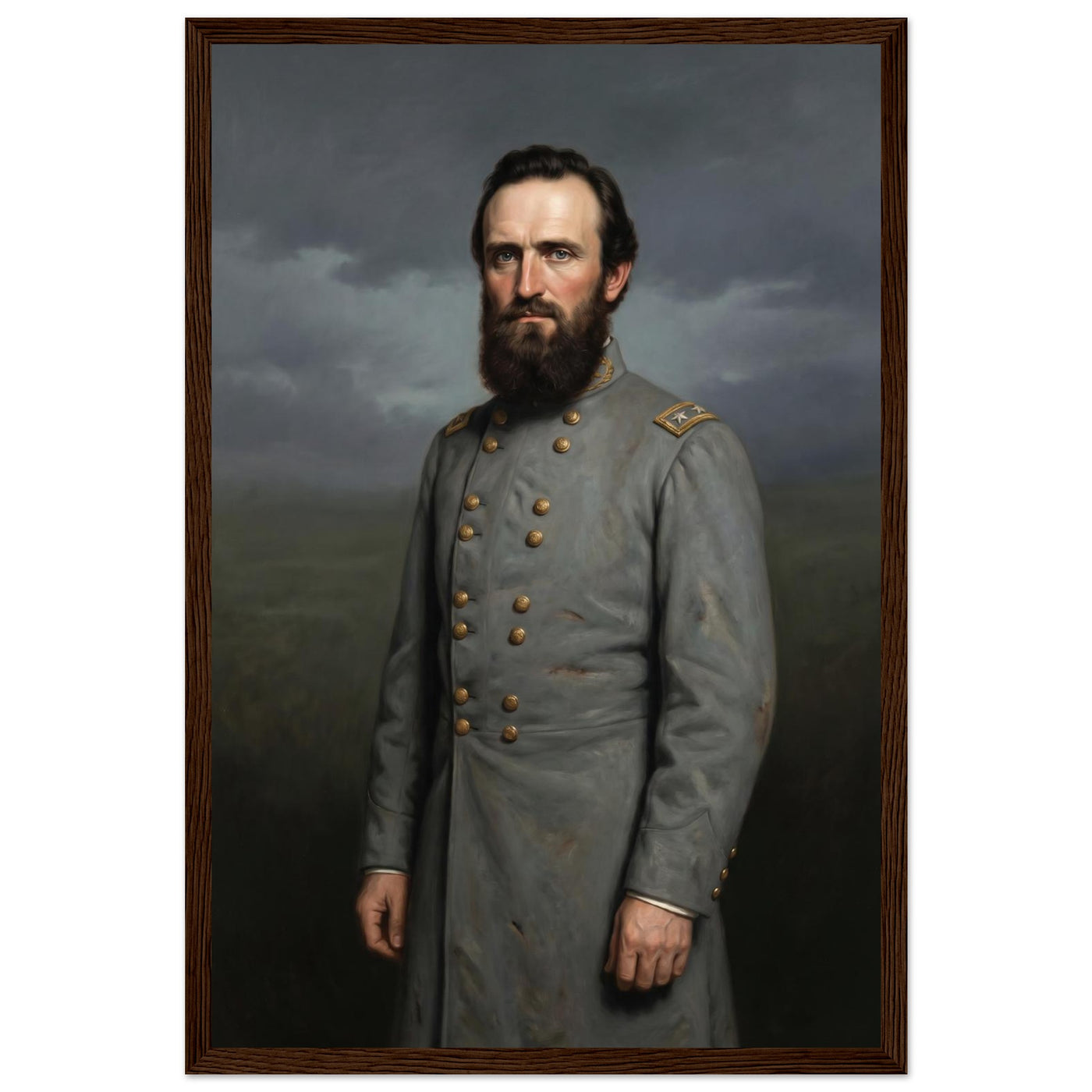 Framed portrait painting of a bearded Confederate general in gray uniform, in a solid wood frame.