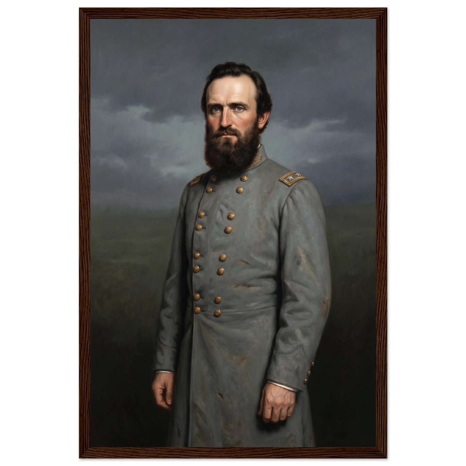 Framed portrait painting of a bearded Confederate general in gray uniform, in a solid wood frame.