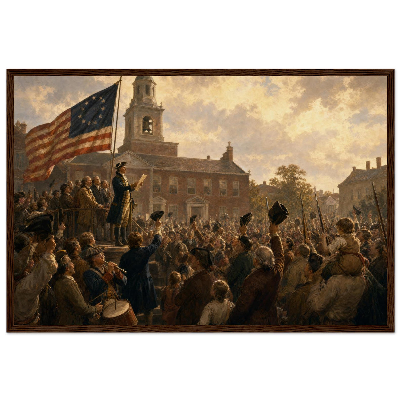 Wooden framed print of the first public reading of the Declaration — room view, ready to hang.