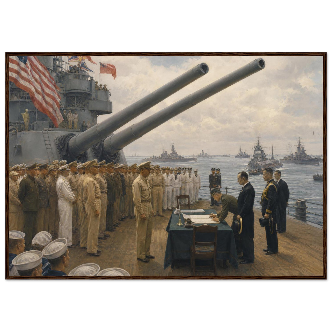 Framed panoramic art print of the 1945 Japanese surrender ceremony aboard the USS Missouri, in a solid wood frame.