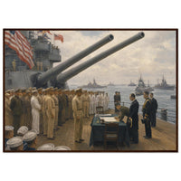 Framed panoramic art print of the 1945 Japanese surrender ceremony aboard the USS Missouri, in a solid wood frame.