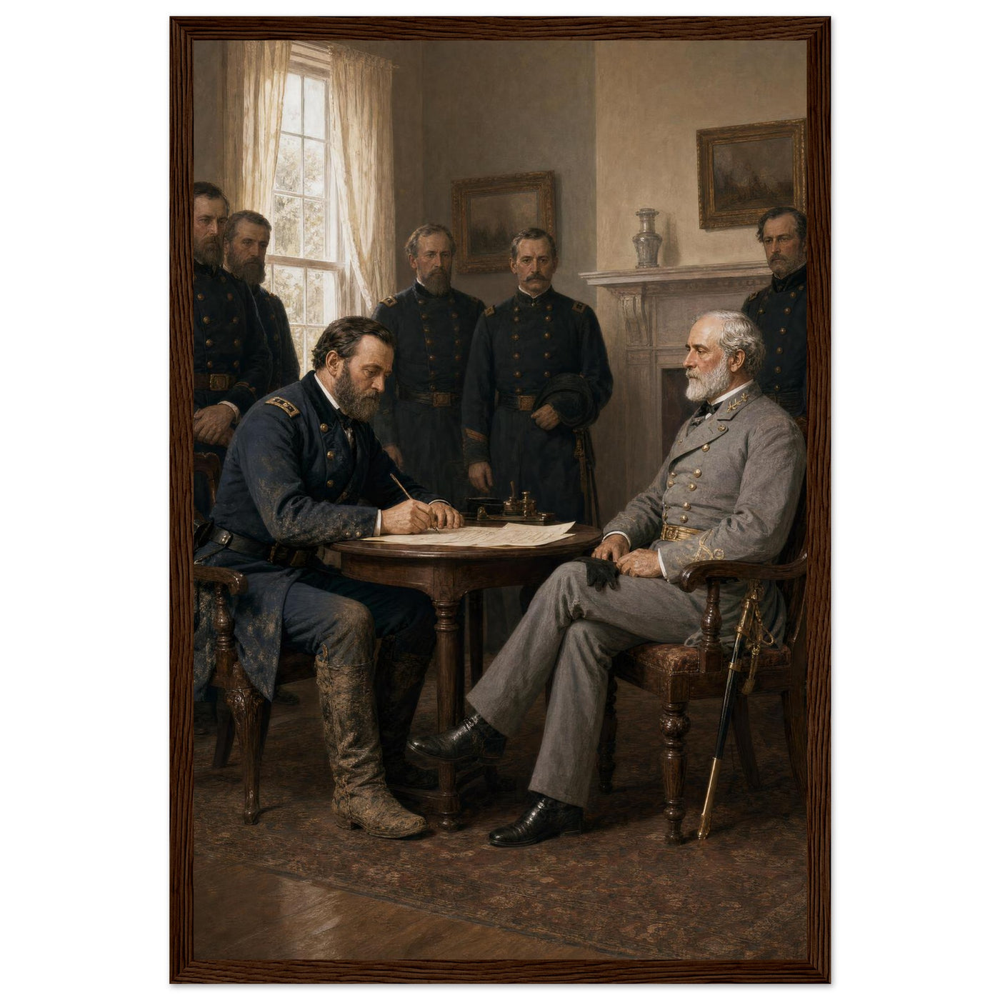 Framed print of Lee and Grant at the Appomattox surrender, ready to hang.