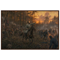 Framed art print of a mounted Civil War officer leading a charge through darkening woods at twilight, in a solid wood frame.