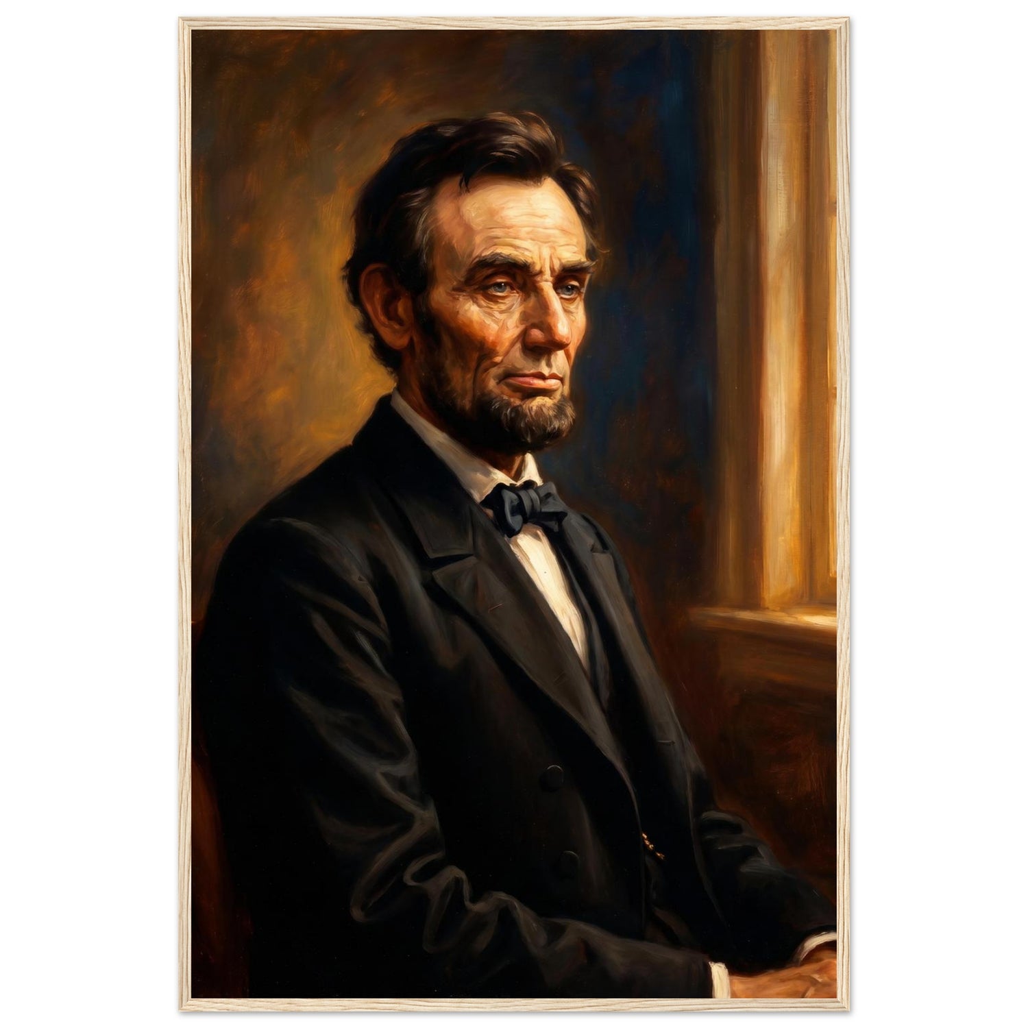Framed seated portrait of Abraham Lincoln, ready to hang.