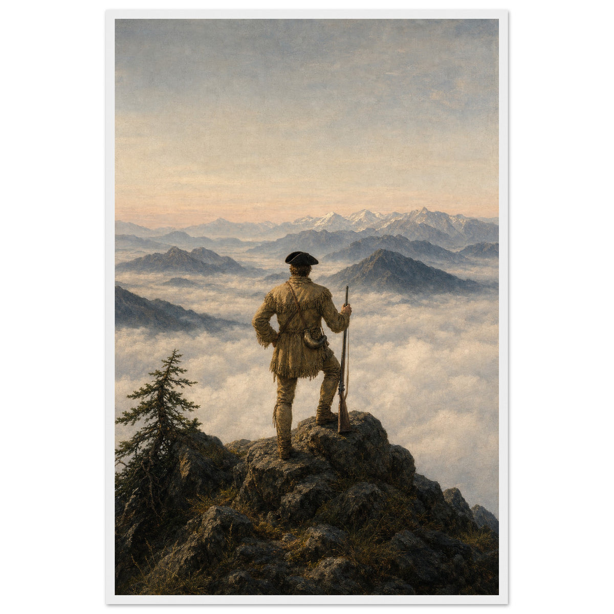 Lewis at the Divide — framed fine art print of a man in a fringed buckskin shirt standing on a crag with a rifle above a sea of cloud, in a white frame