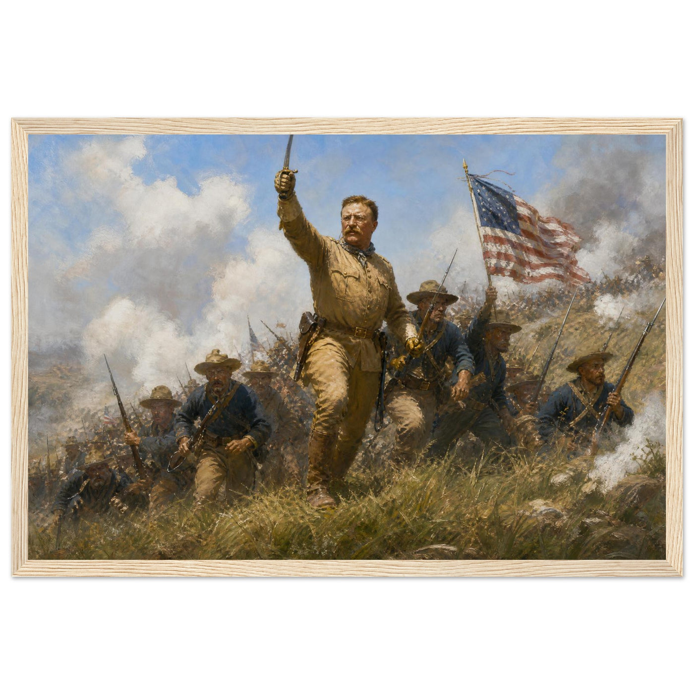 Wooden framed print of Roosevelt and the Rough Riders — room view, ready to hang.