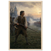 Framed print of a minuteman at the dawn of the Revolution, ready to hang.