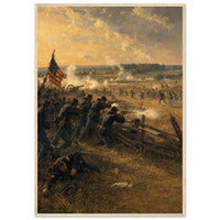 Gettysburg: The First Day — framed fine art print of infantry firing over a rail fence, 12x18″ in a natural wood frame