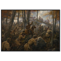Framed print of a Revolutionary ambush in the northern woods, ready to hang.