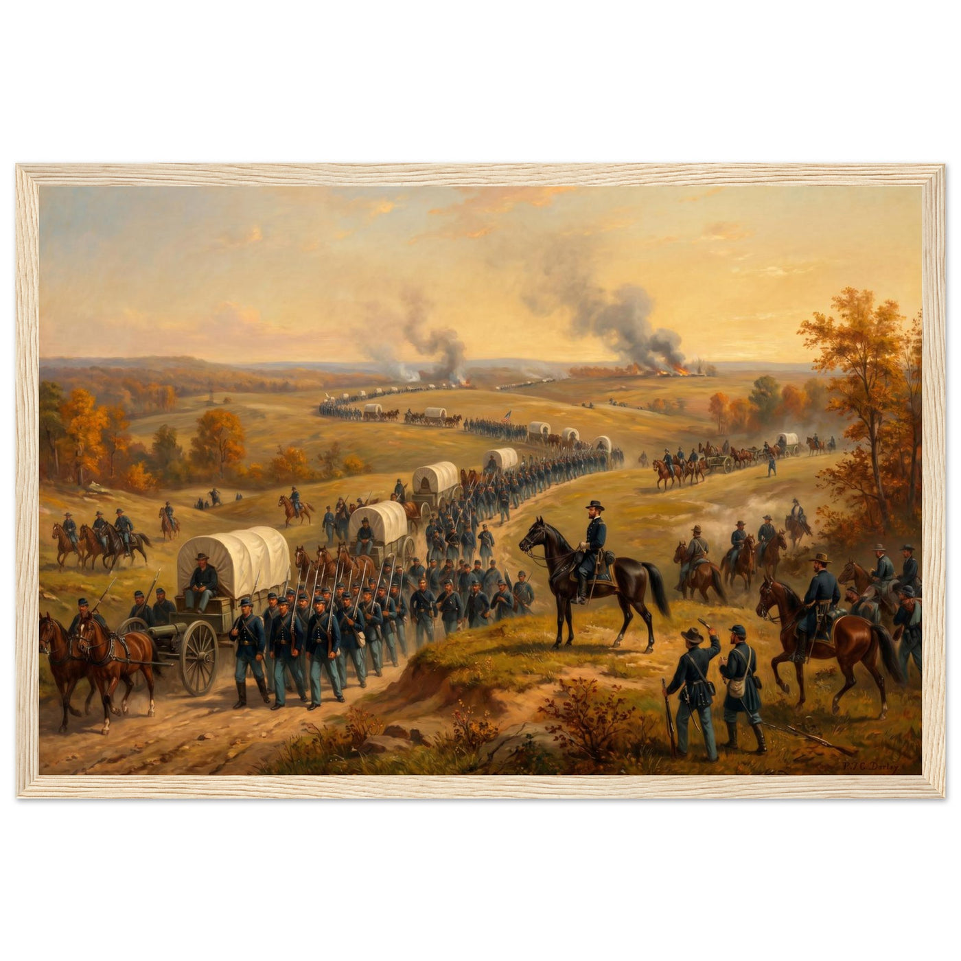 Framed panoramic art print of a Civil War cavalry and wagon column marching at sunset, in a solid wood frame.