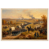 Framed panoramic art print of a Civil War cavalry and wagon column marching at sunset, in a solid wood frame.