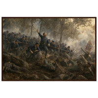 Framed art print of Union infantry charging up a rocky ridge with the colors flying, in a solid wood frame.