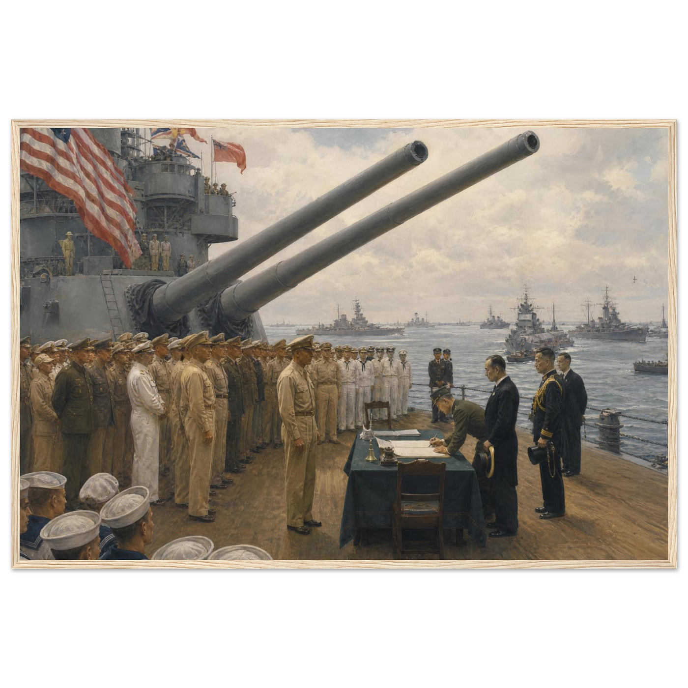 Framed panoramic art print of the 1945 Japanese surrender ceremony aboard the USS Missouri, in a solid wood frame.