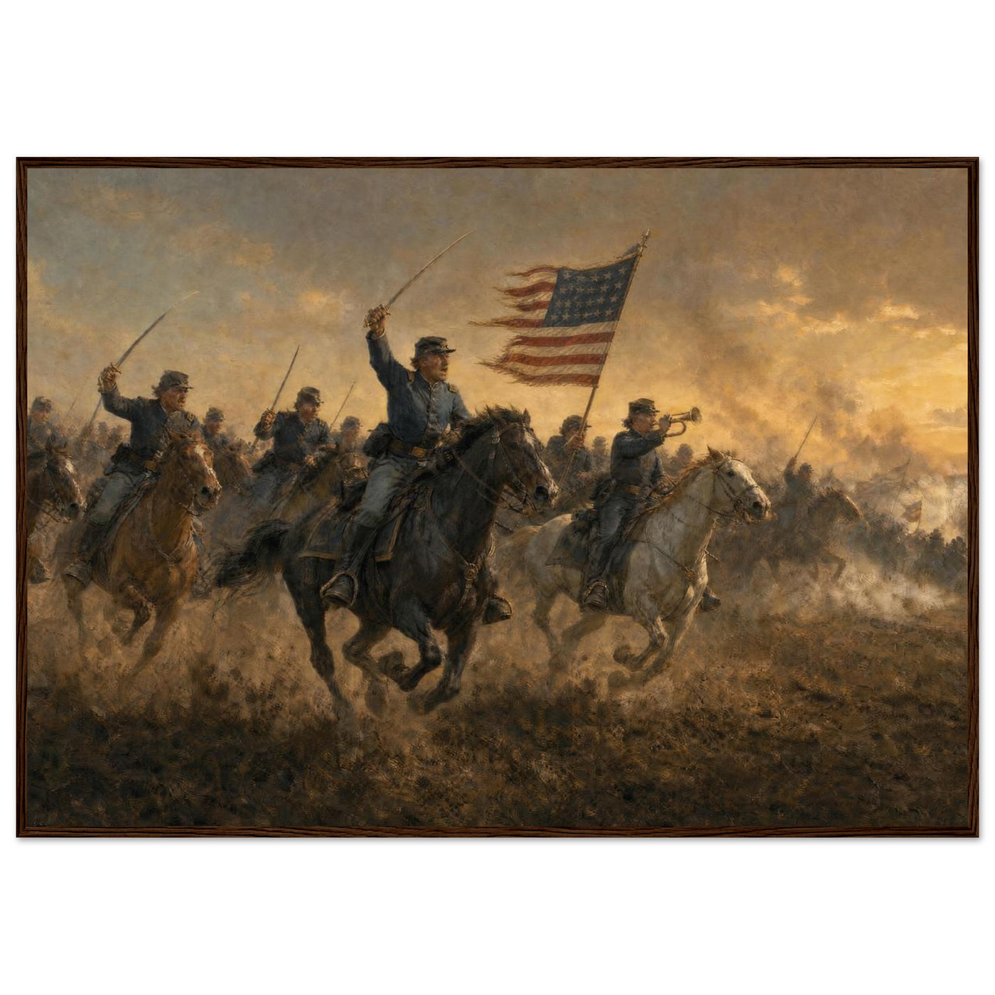 Wooden framed print of a Union cavalry charge — room view, ready to hang.