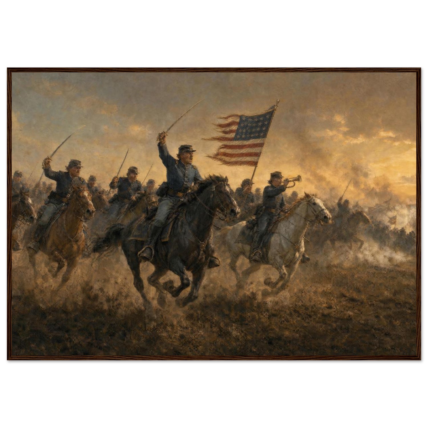 Wooden framed print of a Union cavalry charge — room view, ready to hang.