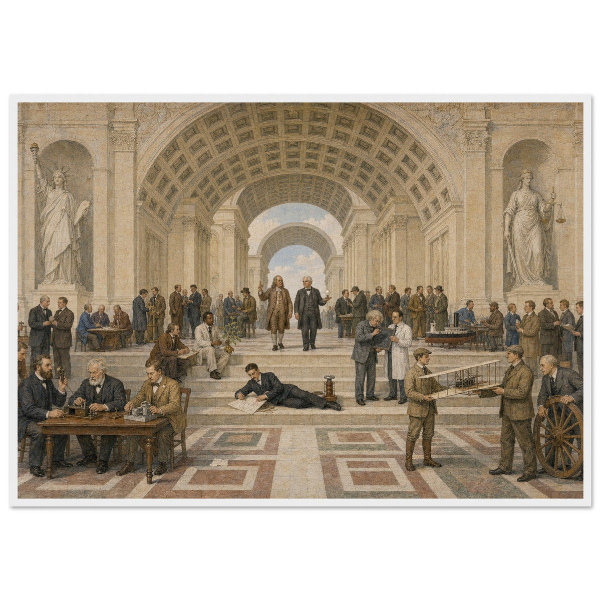 The School of Invention framed print, American inventors in a vaulted hall, in a white frame