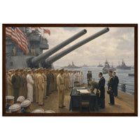 Framed panoramic art print of the 1945 Japanese surrender ceremony aboard the USS Missouri, in a solid wood frame.