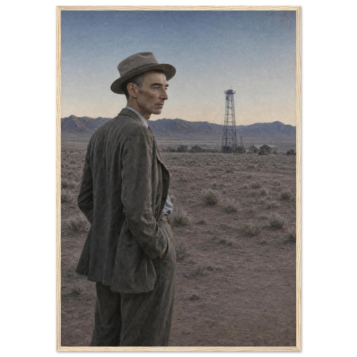 J. Robert Oppenheimer — framed fine art print of Oppenheimer in the desert before Trinity, 12x18″ in a natural wood frame