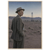 J. Robert Oppenheimer — framed fine art print of Oppenheimer in the desert before Trinity, 12x18″ in a natural wood frame