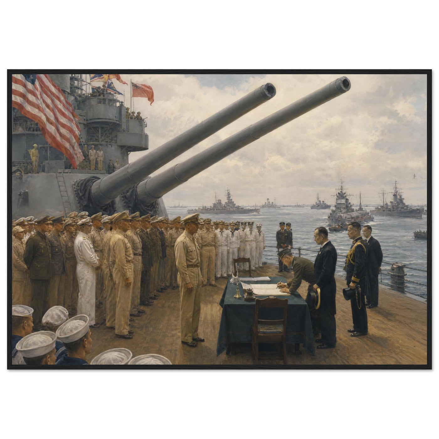 Framed panoramic art print of the 1945 Japanese surrender ceremony aboard the USS Missouri, in a solid wood frame.