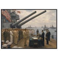 Framed panoramic art print of the 1945 Japanese surrender ceremony aboard the USS Missouri, in a solid wood frame.