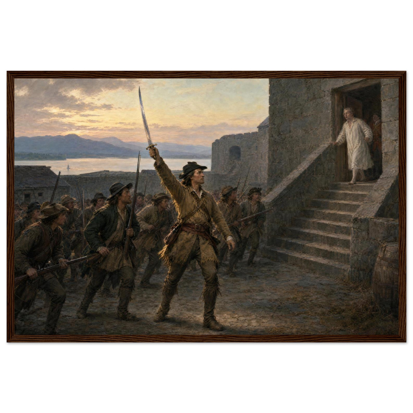 Framed art print of Union soldiers ascending the stone steps of a fort with the flag at dawn, in a solid wood frame.