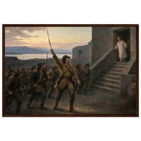 Framed art print of Union soldiers ascending the stone steps of a fort with the flag at dawn, in a solid wood frame.