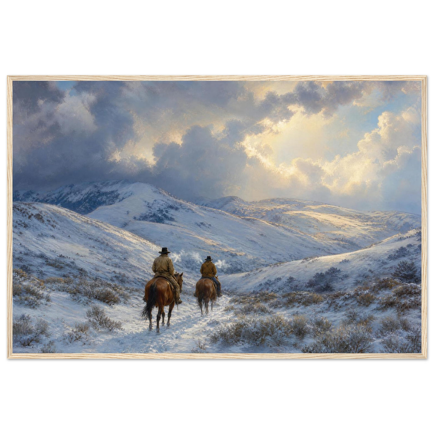 Framed panoramic art print of two riders on horseback crossing a snowy winter trail, in a solid wood frame.