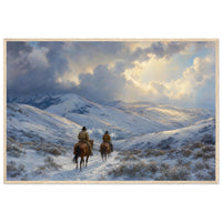 Framed panoramic art print of two riders on horseback crossing a snowy winter trail, in a solid wood frame.