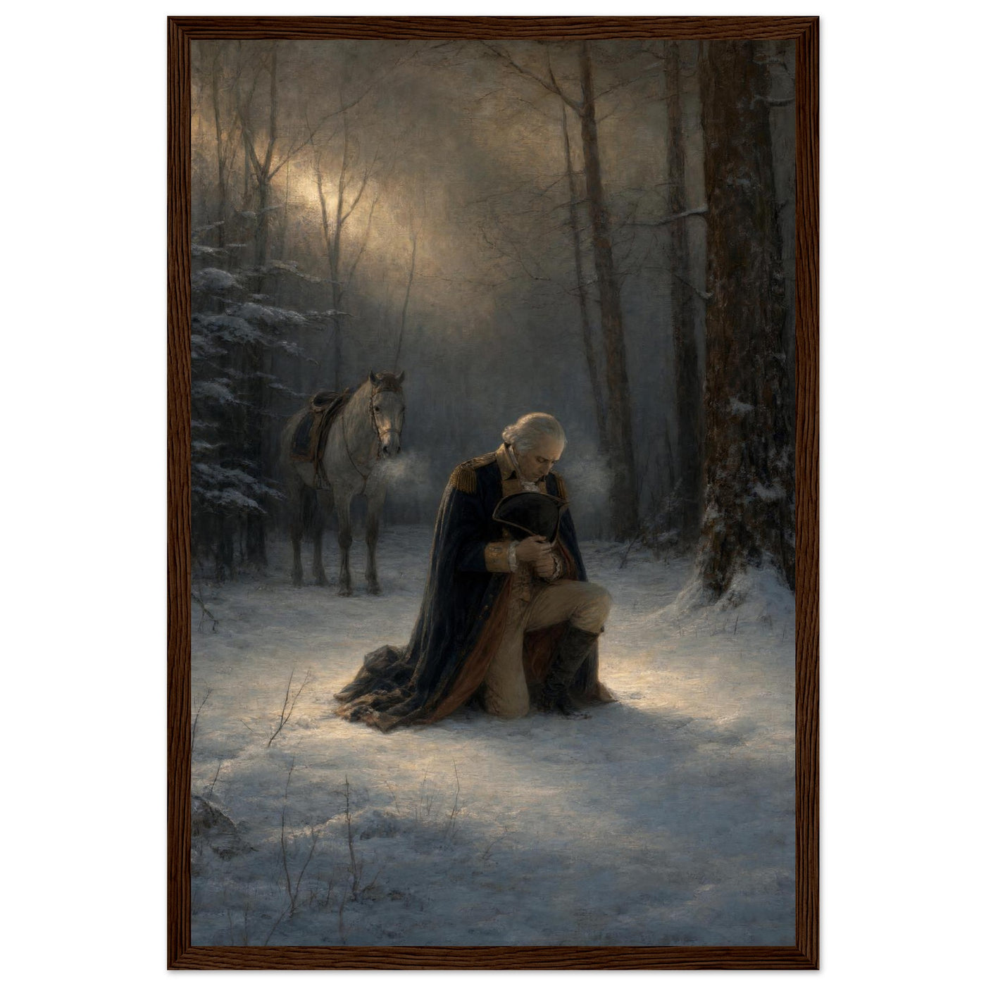 Framed print of Washington praying in the snow at Valley Forge, ready to hang.