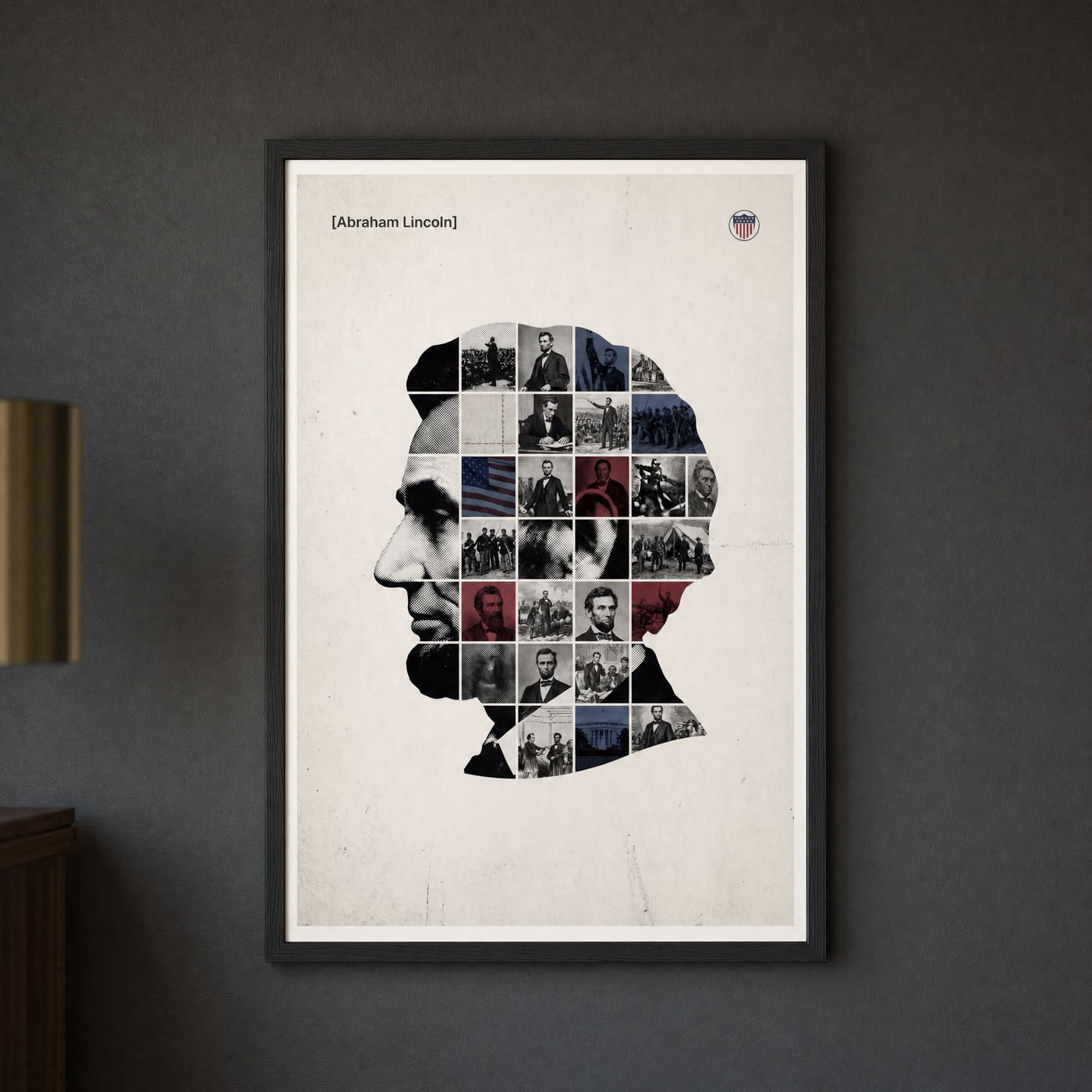 Abraham Lincoln framed print, matte black frame, shown on a charcoal wall — ready to hang.