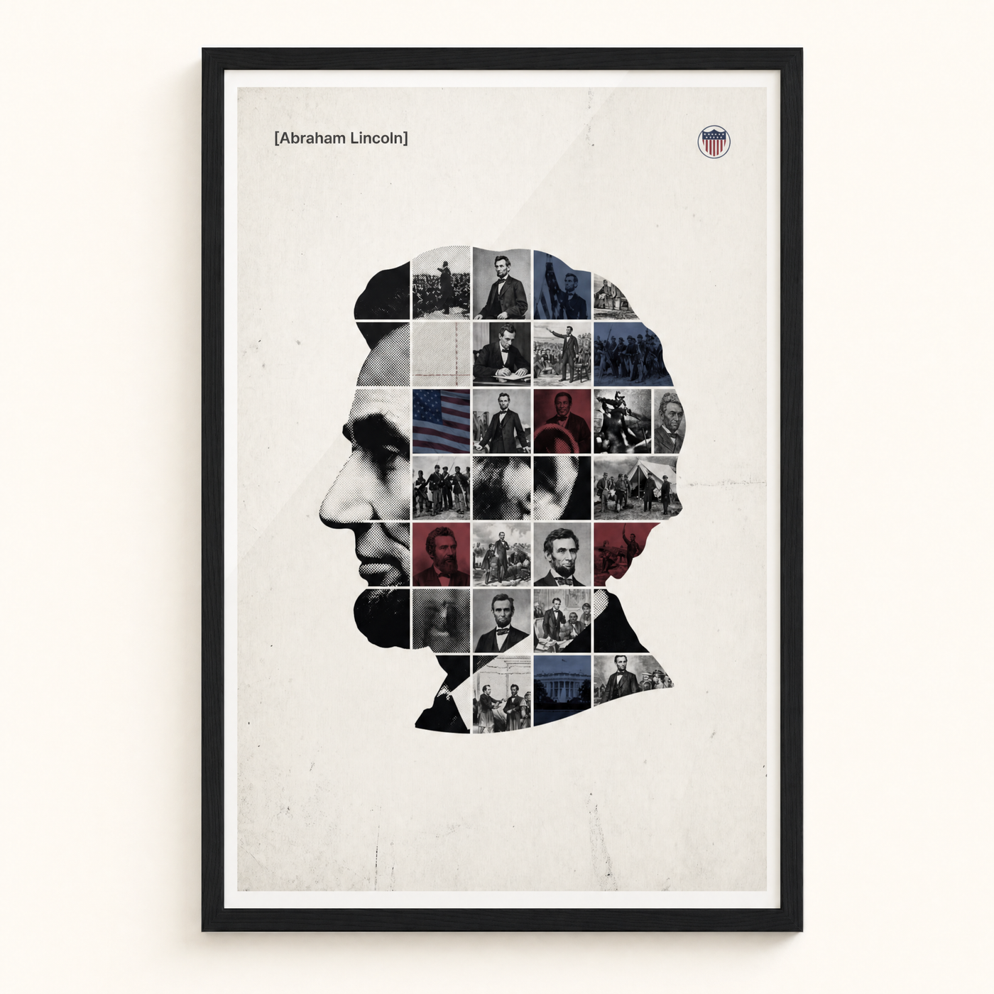 Abraham Lincoln framed print, matte black frame, clean studio product view on premium semi-glossy paper.