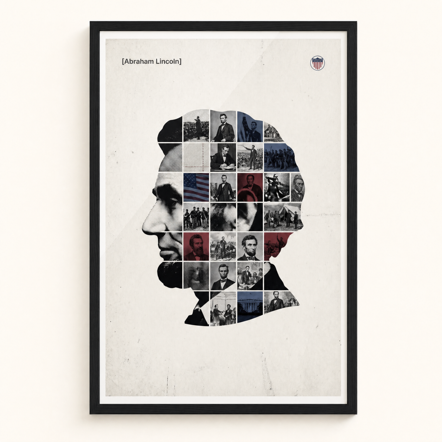 Abraham Lincoln framed print, matte black frame, clean studio product view on premium semi-glossy paper.