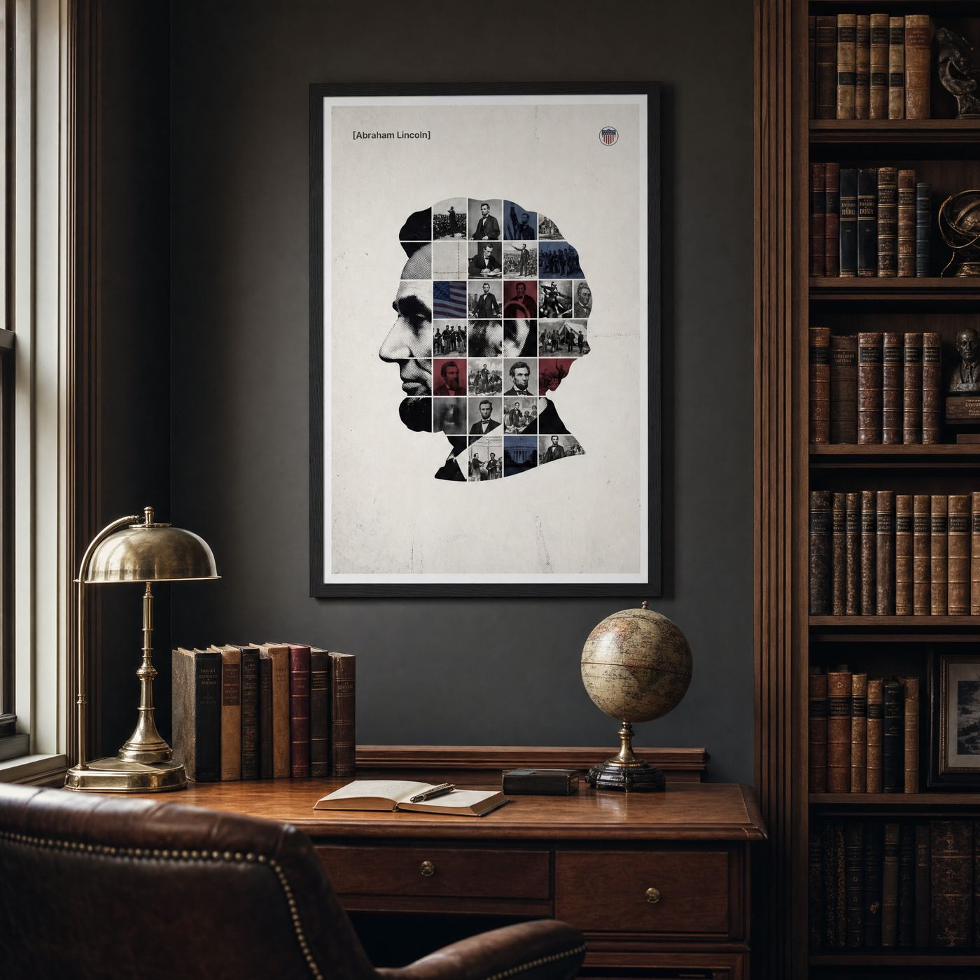 Abraham Lincoln framed print, matte black frame, 24×36″, shown above a walnut desk in a heritage library.