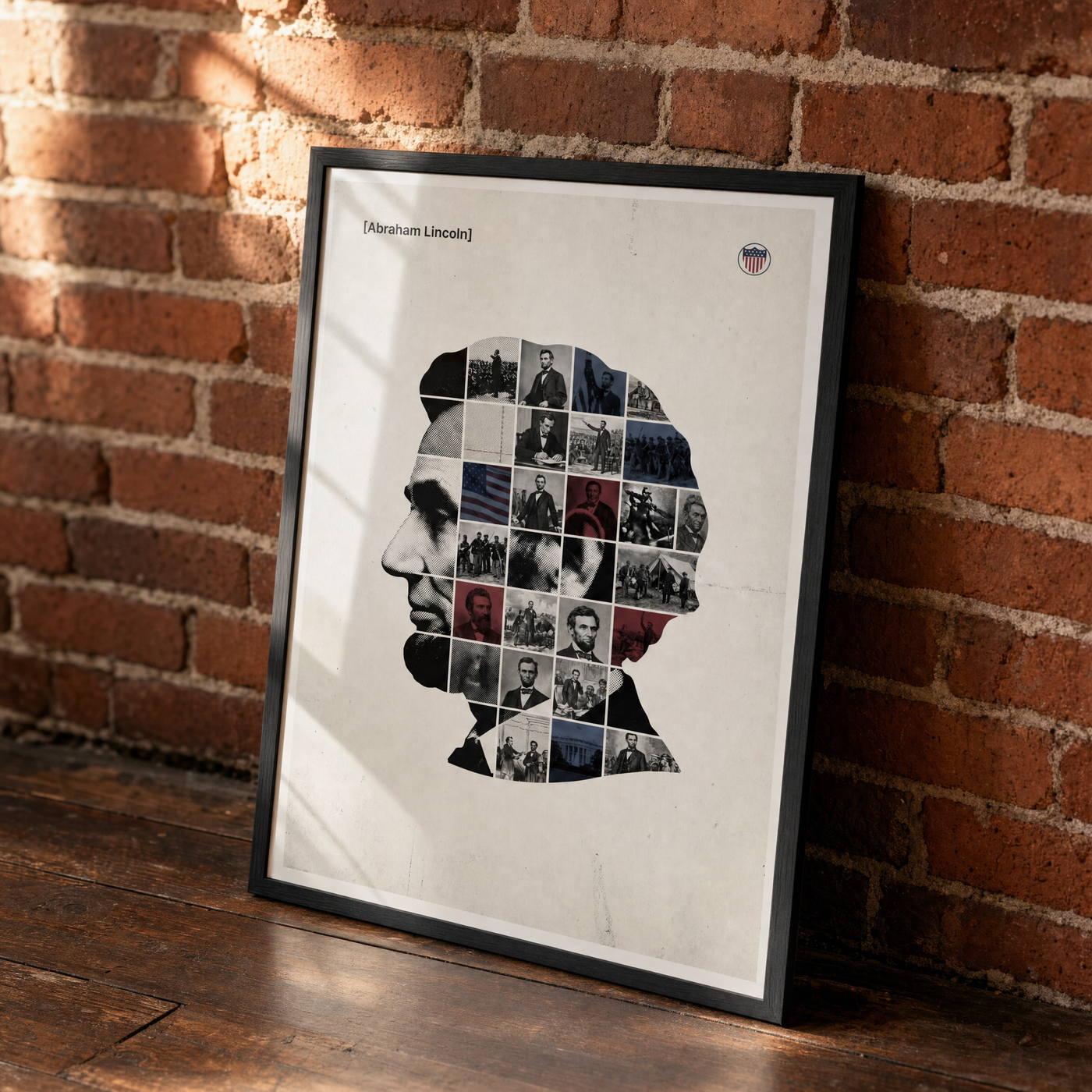 Abraham Lincoln framed print, matte black frame, leaning against an exposed brick wall.